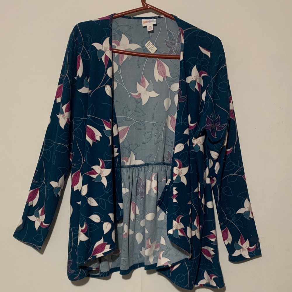 LuLaRoe Women's Cardigan - Teal with Pink and White Floral